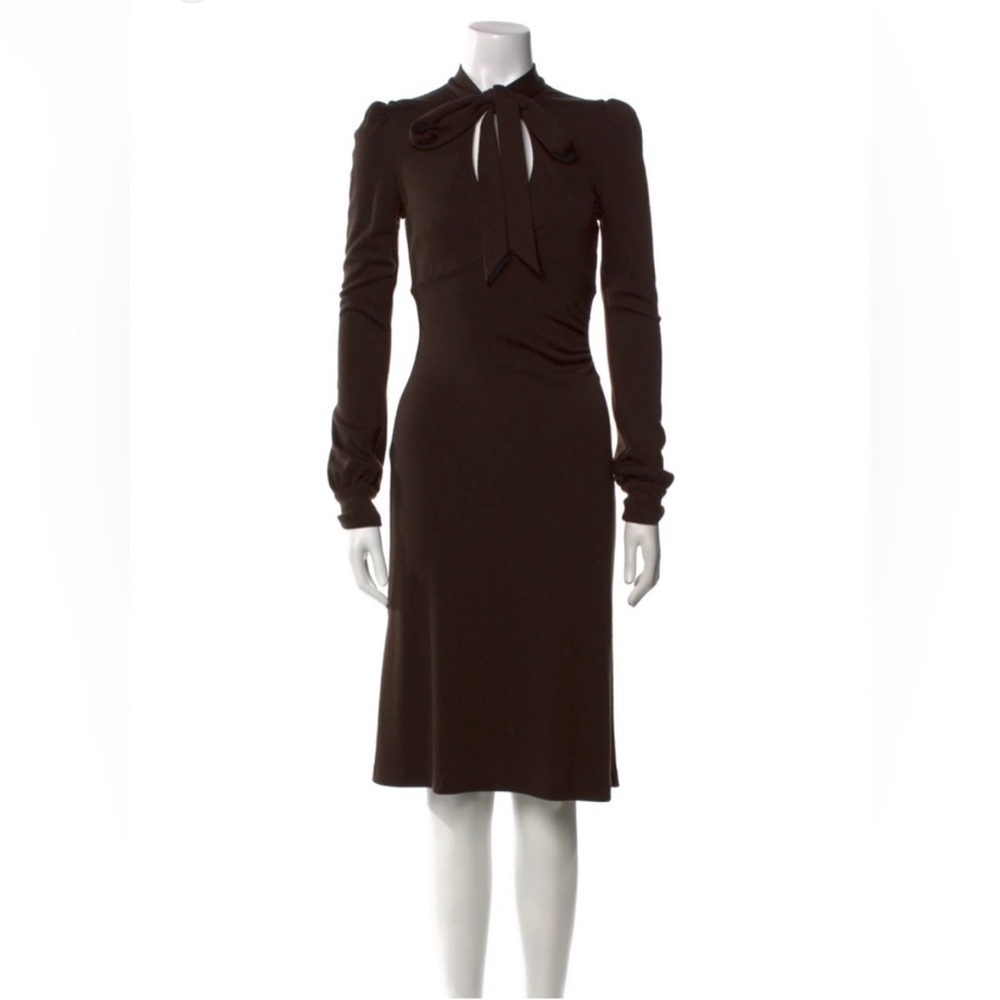 Diane Von Furstenberg Wool Tie Neck Midi Dress Brown Ruched Long Sleeve Size 8